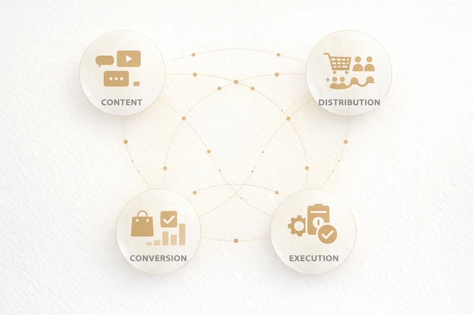 An abstract visualization of the brand-versus-performance divide as a budget room: on one side, brand marketing signals (awareness metrics, reach, share of voice, brand equity scores — cream color, diffuse) face off against performance signals (ROAS, CPC, conversion rates — gold, sharp). Between them, a wall with a gap at the bottom where neither set of signals reaches: the physical shelf sell-through outcome. A single thread of gold light from behavioral intelligence drops through the gap and connects both sets of signals to the shelf outcome at the bottom. Dark background #1A1710, gold #C8A458, cream #EDE8D8.